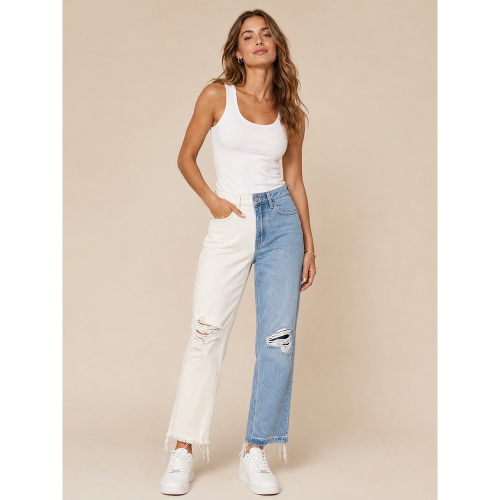 Vervet Norah Two Tone High Rise Straight Jeans White Blue Distressed 26 NEW